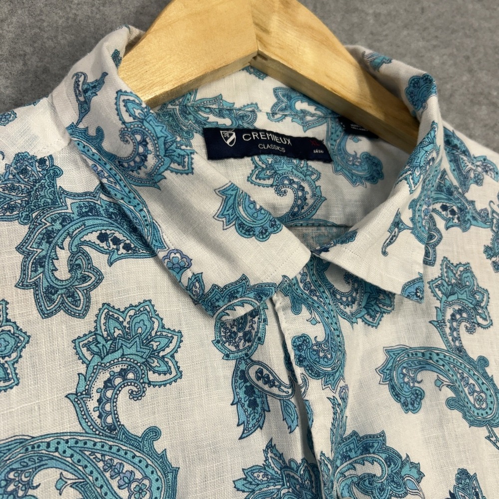 Cremieux  Linen Shirt Mens XL  white and turquoise Paisley Short Sleeve Button